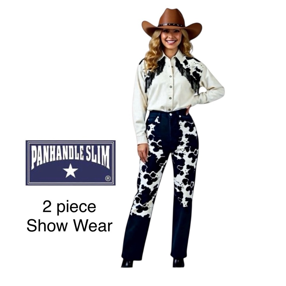 Vintage Panhandle Slim Cow print & fringe 2 piece Jeans & Shirt set Show Wear